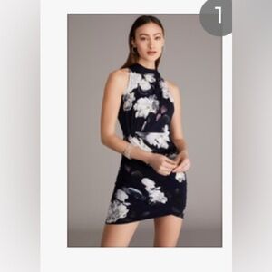 NWOT Le Château Printed Halter Neck Illusion
Wrap Mini Dress - Navy/Floral